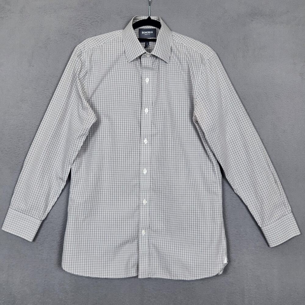 Bonobos Dress Shirt Mens 16 Slim Fit Gray Check Wrinkle Free Long Sleeve